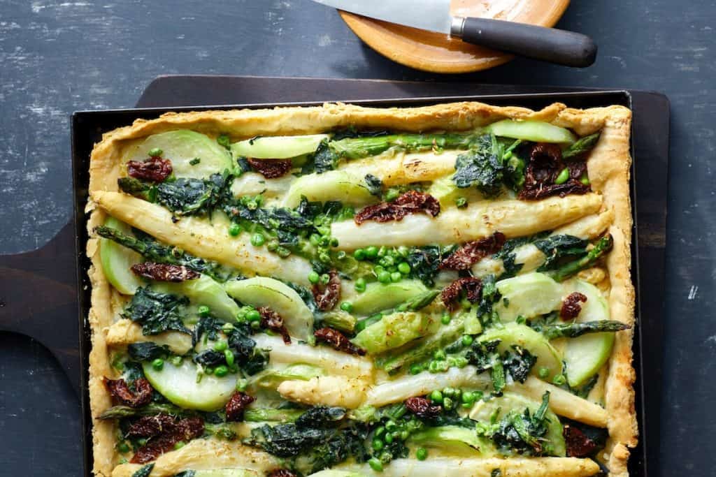 vegan tray bake with spring vegetables