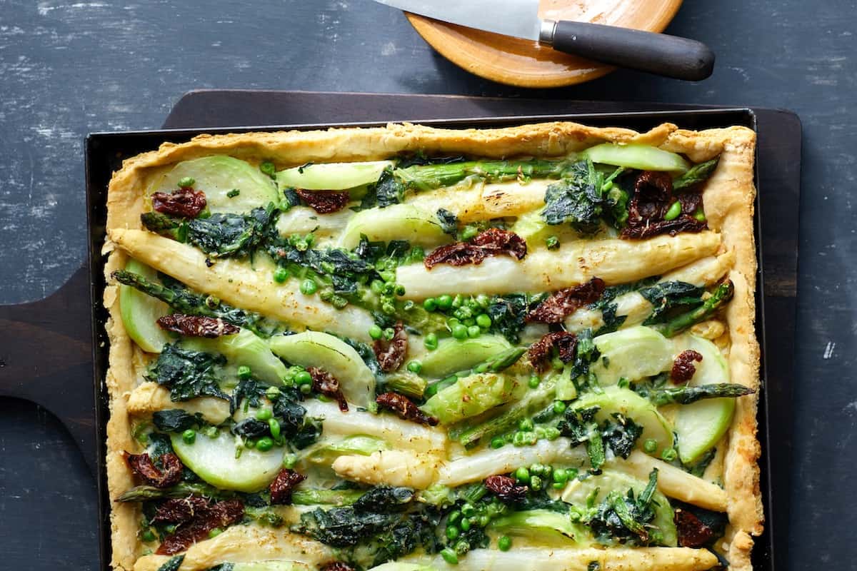 vegan tray bake with spring vegetables