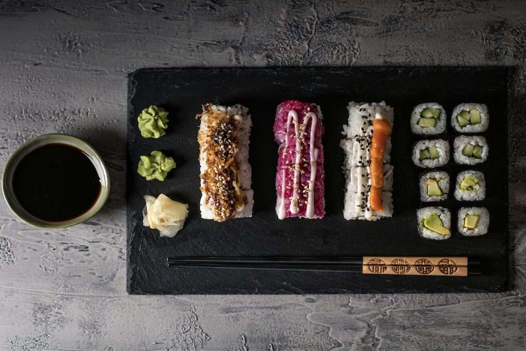 Colorful plant-based sushi, seen from above